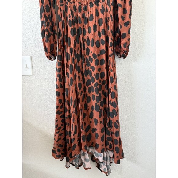 Megan Renee Talia Drape Animal Print Wrap Maxi Dress Brown Boho Contemporary M - Picture 4 of 10